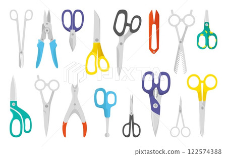 Cartoon scissors. Different types scissor collection. Isolated closed open tools for cut paper fabric carton. Tool for workshop, flat neoteric vector clipart 122574388