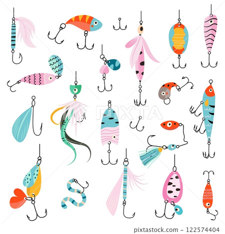 Fishing bait set. Different lures for fishing process. Isolated equipment for seasonal hobby, catching fish in pond or river tools, tackles nowaday vector set Fishing bait set. Different lures for fishing process. Isolated equipment for seasonal hobby, catching fish in pond or river tools, tackles nowaday vector set 122574404