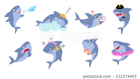 Cute shark. Cartoon sharks various emotions and activities. Isolated ocean predators sleep, play, eating, listen music. Sea animals nowaday vector set Cute shark. Cartoon sharks various emotions and activities. Isolated ocean predators sleep, play, eating, listen music. Sea animals nowaday vector set 122574405