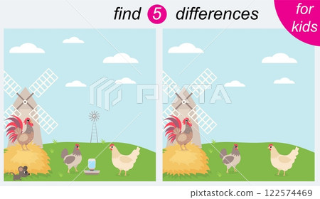 Logic puzzle game for kids. You need to find 5 differences. Farm. Rooster, hens and a mill. 122574469