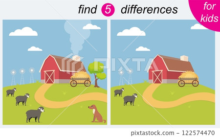 Logic puzzle game for kids. You need to find 5 differences. Farm. Sheep and dog. 122574470