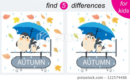 Logic puzzle game for kids. You need to find 5 differences. Autumn. A bird sits under an umbrella on a sign with the word Autumn. Logic puzzle game for kids. You need to find 5 differences. Autumn. A bird sits under an umbrella on a sign with the word Autumn. 122574486
