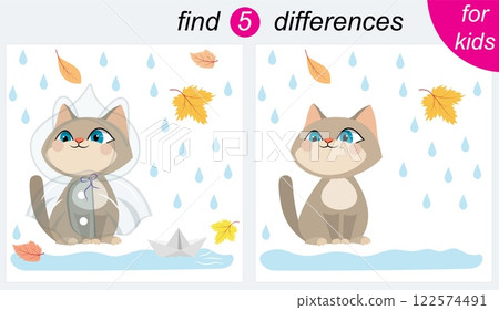Logic puzzle game for kids. You need to find 5 differences. Autumn. A cute kitten sits near a puddle in the rain. Logic puzzle game for kids. You need to find 5 differences. Autumn. A cute kitten sits near a puddle in the rain. 122574491