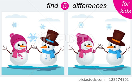 Logic puzzle game for kids. You need to find 5 differences. Christmas. Snowmen are standing on an ice floe. 122574501