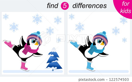 Logic puzzle game for kids. You need to find 5 differences. Christmas. The penguin is skating. Logic puzzle game for kids. You need to find 5 differences. Christmas. The penguin is skating. 122574503