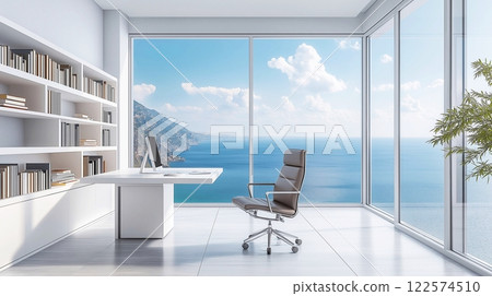 Modern home office interior with books on white shelves, panoramic window and view of lake and mountains. Workplace concept. 3D rendering. 122574510