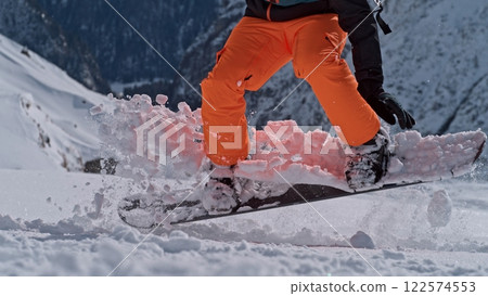 Freeze Motion of Snowboarder Jumping. Powder Snow Flying. 122574553