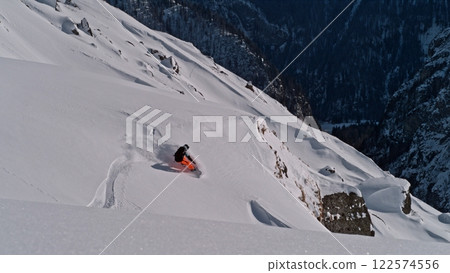 Freeze Motion of Snowboarder Running Down. Powder Snow Exploding. 122574556
