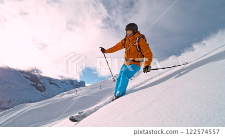Freeze Motion of Skier Running Down. Powder Snow Exploding. 122574557
