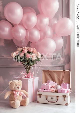 Teddy bear with pink balloons and a bouquet of pink fresh roses, Valentine's Day concept, 3D rendering. 122574679