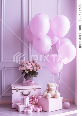 Teddy bear with pink balloons and a bouquet of pink fresh roses, Valentine's Day concept, 3D rendering. 122574680
