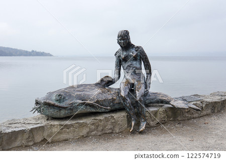 Mermaid sculpture in Herrsching, lake Ammersee, Bavaria, Germany 122574719