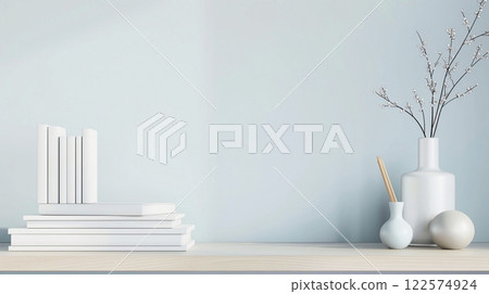 A shelf with books and stationery in a study room, in pastel colors, monochrome, copy space. Back to school concept. A shelf with books and stationery in a study room, in pastel colors, monochrome, copy space. Back to school concept. 122574924