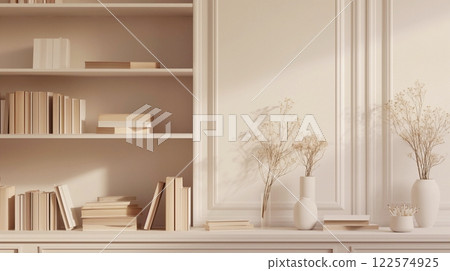 A shelf with books and stationery in a study room, in pastel colors, monochrome, copy space. Back to school concept. A shelf with books and stationery in a study room, in pastel colors, monochrome, copy space. Back to school concept. 122574925