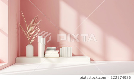 A shelf with books and stationery in a study room, in pastel colors, monochrome, copy space. Back to school concept. A shelf with books and stationery in a study room, in pastel colors, monochrome, copy space. Back to school concept. 122574926