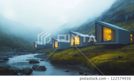 Luxury chalets in the mountains in the evening, 3D rendering of modern houses against the backdrop of the mountains, near the river. A place to relax amidst a beautiful landscape. 122574930