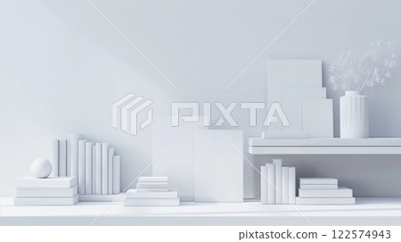 A shelf with books and stationery in a study room, in pastel colors, monochrome, copy space. Back to school concept.  122574943
