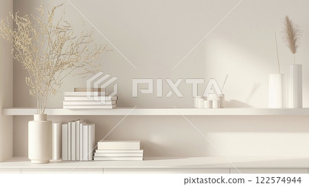 A shelf with books and stationery in a study room, in pastel colors, monochrome, copy space. Back to school concept. A shelf with books and stationery in a study room, in pastel colors, monochrome, copy space. Back to school concept. 122574944
