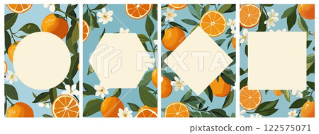 Oranges and orange blossoms on a light blue background vertical posters set. Freshness citrus fruit nature healthy eating harvesting season.Summer spring design with place for text. Cartoon style 122575071