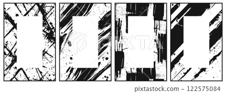 Grunge texture abstract pattern vertical posters set with place for text. Rectanglular monochrome photo frame. Rough effect vintage scratch texture pattern. Black and white simple flat style vector 122575084