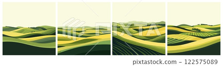 Green and yellow tone landscape of farmland square posters set. Environment abstract backgrounds. Idyllic hill modern pattern springtime tranquility wall art. Cartoon style vector illustration 122575089
