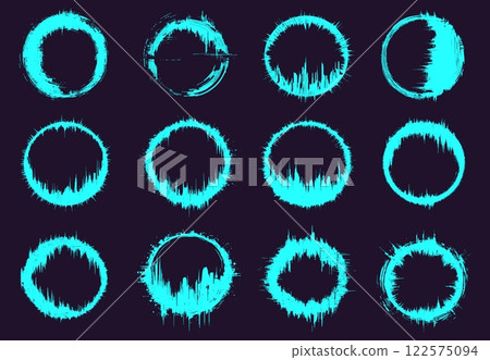 Glitch round frame set. Noise destroyed elements. Grunge effect. Futuristic glow ring abstract modern geometric signs. Bright blue neon border silhouette. Isolated vector on dark background 122575094