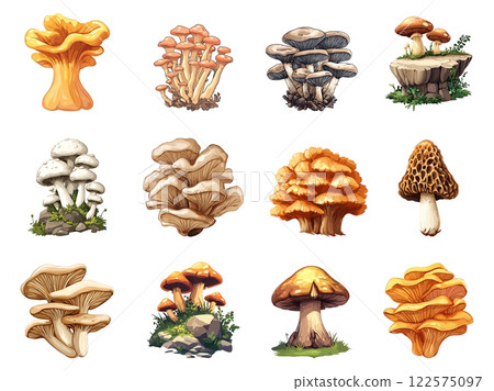 Forest mashrooms set. Botany fresh fungal organic plant design element. Hurvesting season vegetarian food items. Cartoon style isolated vector clipart collection 122575097