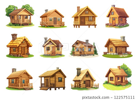 Camp wooden chalet. Countryside rural resort residential building. Camping nature real estate simple house bungalow hut. Cartoon style isolated vector clipart collection Camp wooden chalet. Countryside rural resort residential building. Camping nature real estate simple house bungalow hut. Cartoon style isolated vector clipart collection 122575111