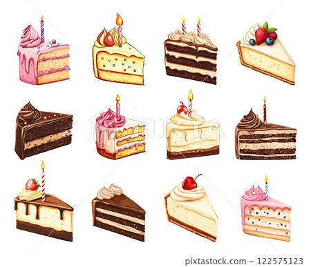 Birthday cake slice set. Cheesecake with fruits decoration chocolate cake with candle. Sweet party celebration design element. Cartoon style isolated vector clipart 122575123