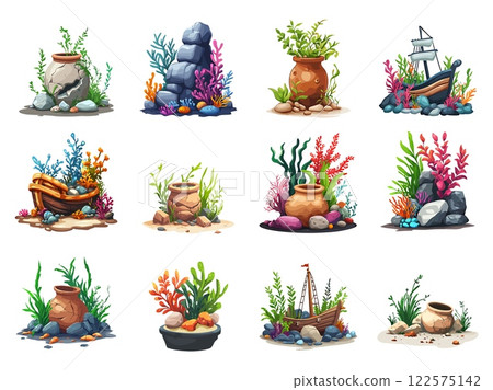 Aquarium decorations set. Aqua accessory composition with seaweeds coral and marine stones undersea ship broken clay vessel. Aqua decor equipment. Cartoon style isolated vector clipart collection 122575142
