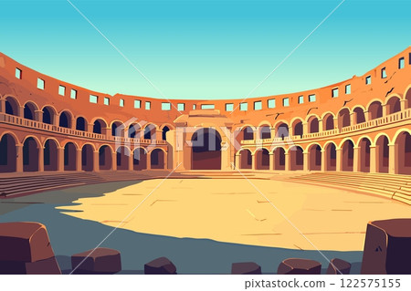 Ancient roman gladiators empty arena horizontal background. Fighting ampheteather for warriors. Old city place for slave battles hostorical brutal show. Flat cartoon style vector illustration 122575155