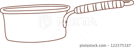 Simple brown line drawing featuring a saucepan with a long handle, illustrating a cooking pot ideal for food preparation in various culinary settings 122575187