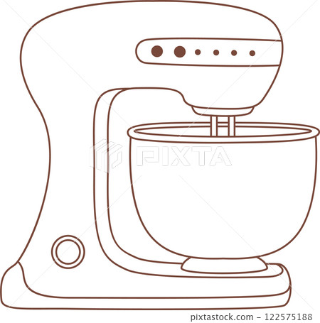 Simple brown line drawing featuring a stand mixer in action, blending ingredients for delicious recipes. Perfect for use in cookbooks, cooking websites, or kitchen themed graphics 122575188