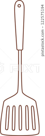 Simple brown line drawing of a slotted spatula, a common kitchen tool used for flipping food, representing cooking, baking, and culinary activities 122575194