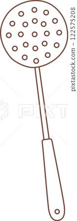 Simple brown line drawing of a skimmer, a kitchen utensil with a round perforated head and a long handle, ideal for lifting food out of liquids Simple brown line drawing of a skimmer, a kitchen utensil with a round perforated head and a long handle, ideal for lifting food out of liquids 122575208