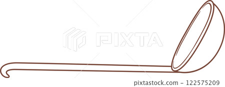 Simple vector illustration of a brown ladle lying horizontally with a hook handle facing left, isolated on a white background, representing kitchen utensil, cooking, serving, and traditional tools Simple vector illustration of a brown ladle lying horizontally with a hook handle facing left, isolated on a white background, representing kitchen utensil, cooking, serving, and traditional tools 122575209