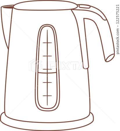 Simple line drawing of a modern electric kettle showing water level indicator, ideal for illustrations related to breakfast, hot drinks, or kitchen appliances 122575221