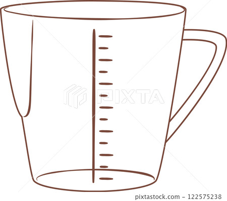 Simple brown line drawing of an empty measuring cup featuring a clear measuring scale, perfect for enhancing recipes, cooking, and baking endeavors in any kitchen 122575238