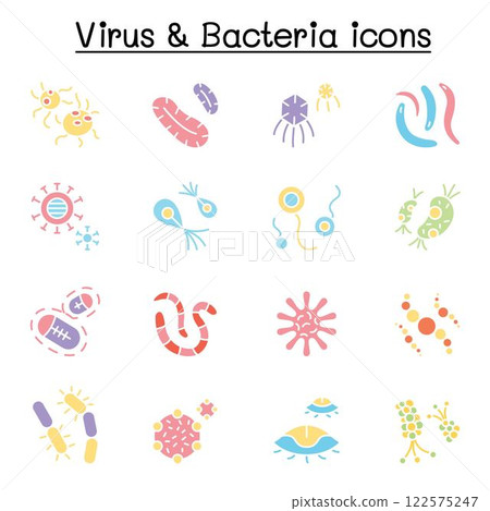 virus, bacteria and covid-19 icon set in flat color style 122575247