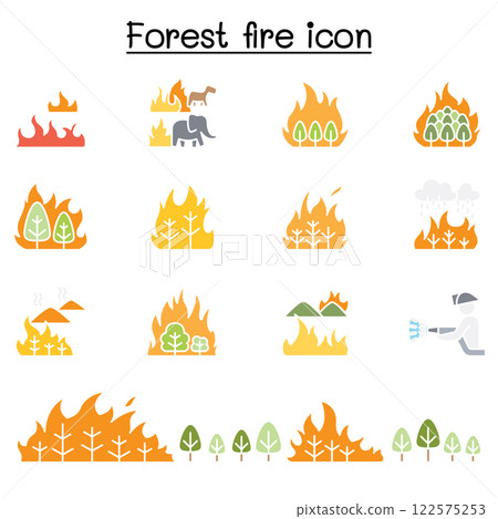forest fire, wildfire icon set in flat color style 122575253