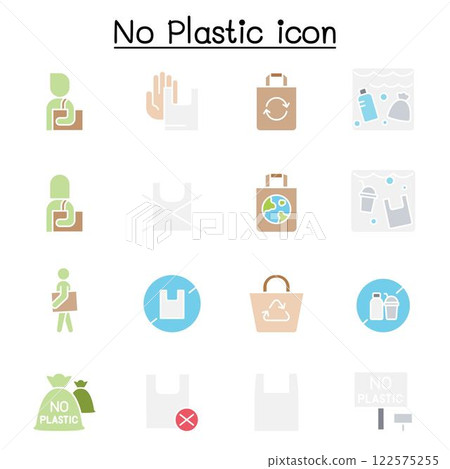 No plastic bag icon set in flat color style 122575255