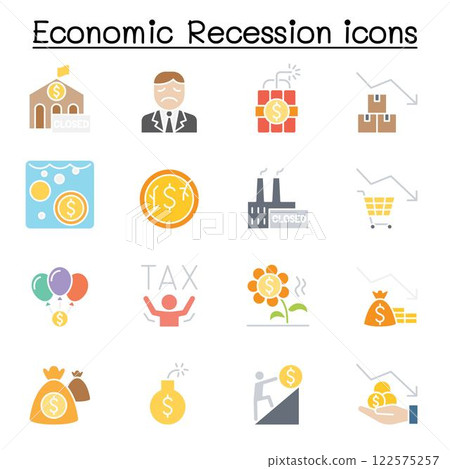 Economic recession, business crisis icon set in flat color style Economic recession, business crisis icon set in flat color style 122575257
