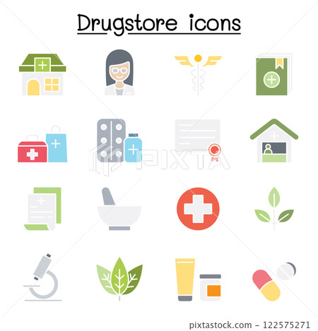 Drugstore, apothecary icon set in flat color style 122575271