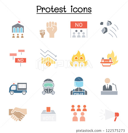 Protest and chaos icon set in flat color style Protest and chaos icon set in flat color style 122575273