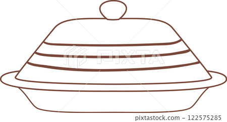 Butter dish with striped lid preserving food freshness, simple brown line drawing on white background, perfect for restaurant menus, recipe books, food blogs, and kitchen decor 122575285