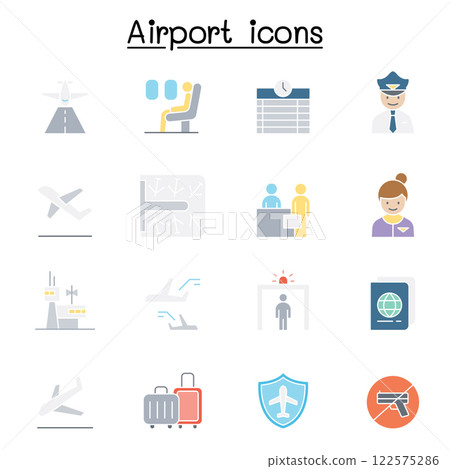 Airport, aviation icon set in flat color style 122575286