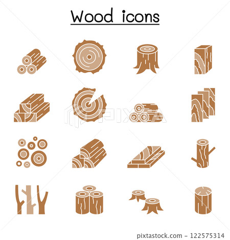 Wood icon set in flat color style 122575314