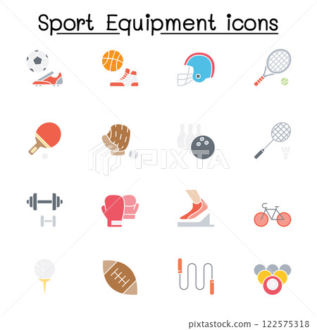Sport equipment icon set in flat color style 122575318