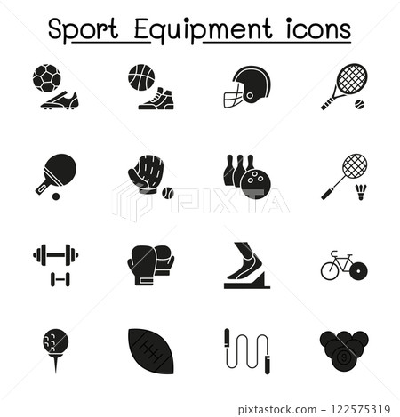 Sport equipment icon set in glyph style 122575319