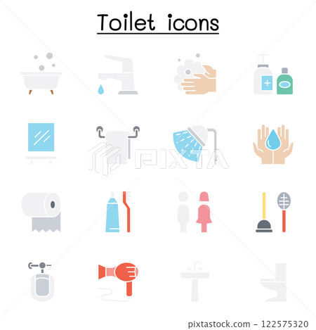 Bathroom icon set in flat color style 122575320